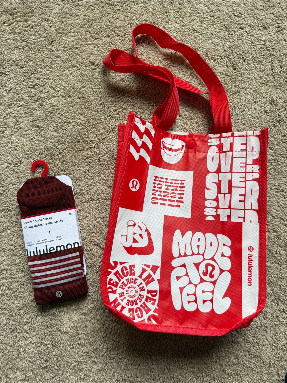 Lululemon athletica Maroon Power Stride Socks with Red Graphic Tote Bag